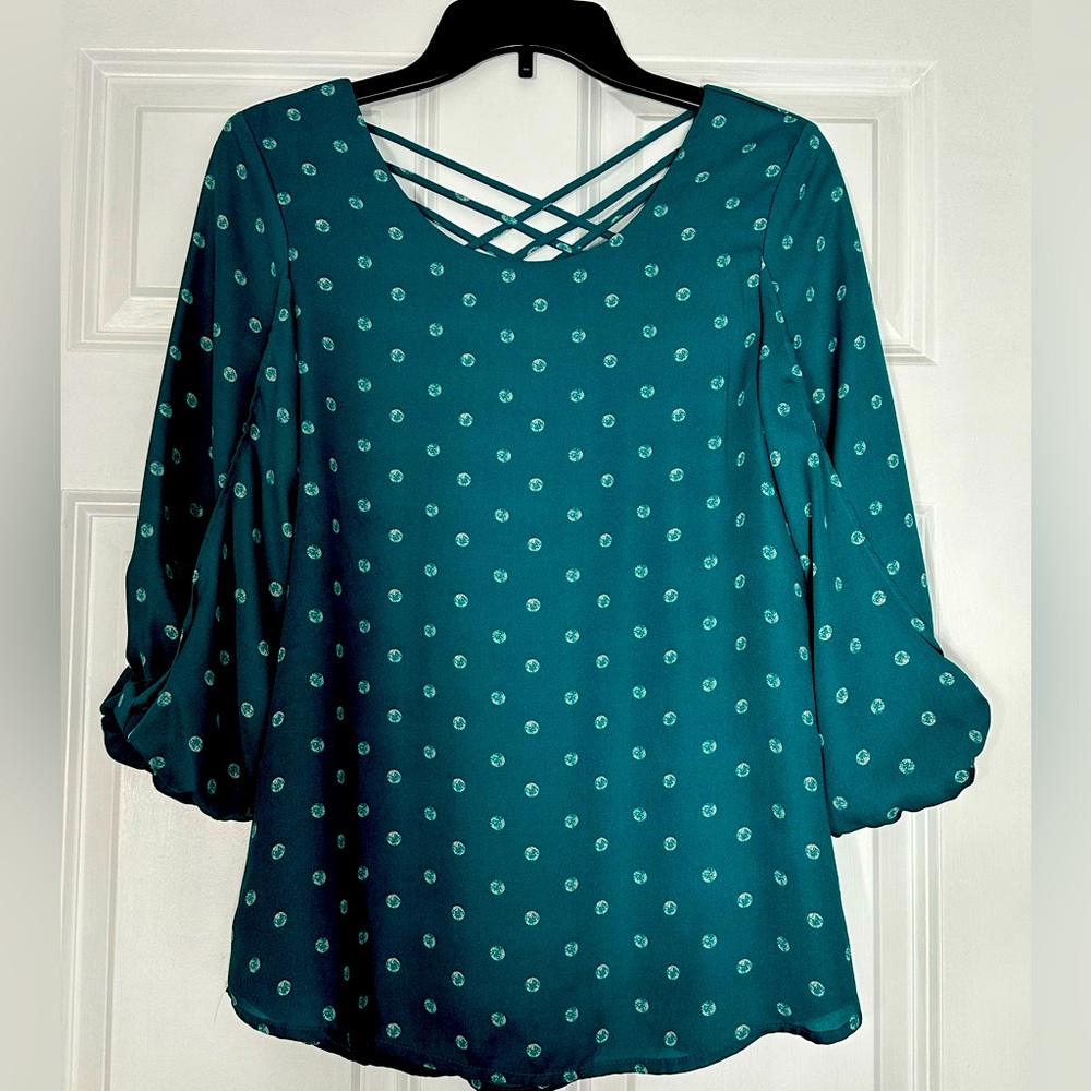 “My Michelle” teal blouse w/ cross back detail